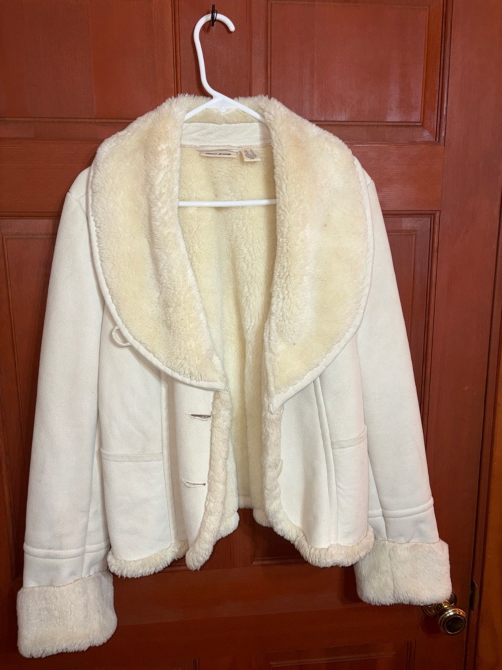 DKNY Cream Faux Shearling Teddy Jacket with Shawl Collar
